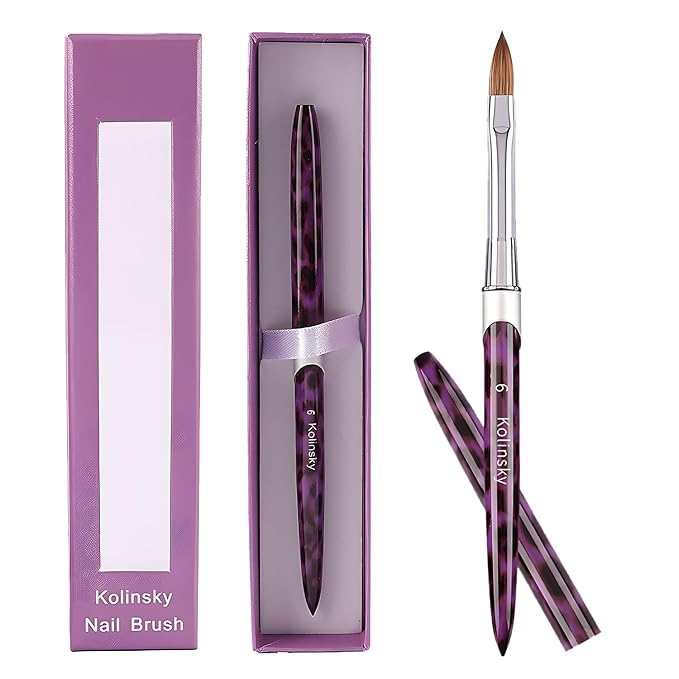 Acrylic Nail Brush Size 6, 100% Kolinsky 3D Art Nail Brush with Purple Leopard Print Metal Handles, Art Design Powder Nail Brush Pen for Nails Extension & Carving, Acrylic Application Tools