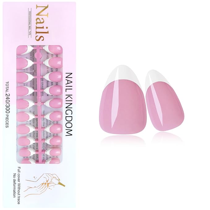 240PC White French Tip Press on Nails Short Fake Nails Press ons with 5*Adhesive Tabs, Pink Almond Acrylic Nail Press on Nail French Tip Nails False Artificial Fingernails Stick on Nails-E