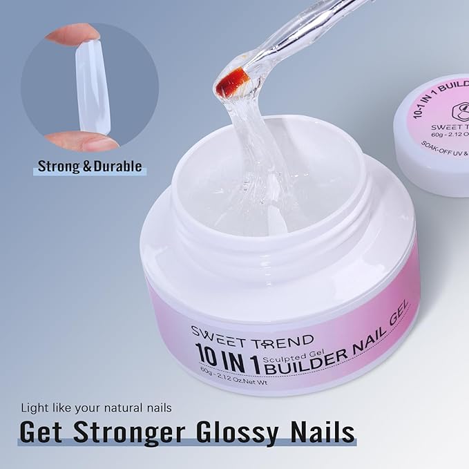 Clear Builder Gel for Nails: Sweet Trend 10 in 1 Hard Gel Scuplted Kit - 60g LED/UV Strengthen Nail Art for Base Rhinestone 3D Extension Sculpting Overlay Tips - Manicure Set with Forms & Brushes