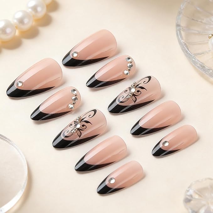 Black French Tip Press on Nails - Short Almond Fake Nails Press ons with Black Flower & Rhinestones Designs, Glossy Acrylic Nails Full Cover Reusable Glue on Nails for Women Manicure 24Pcs