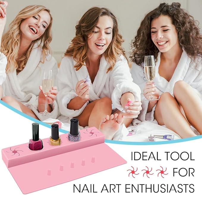 Nail Polish Holder,Silicone Hand Rest Mat Fingernail Painting Tools 2 in 1 Art Accessories Organizer Case Set with Anti-Spill Bottle Stand and Finger Separators for Pedicure Manicure(Pink)