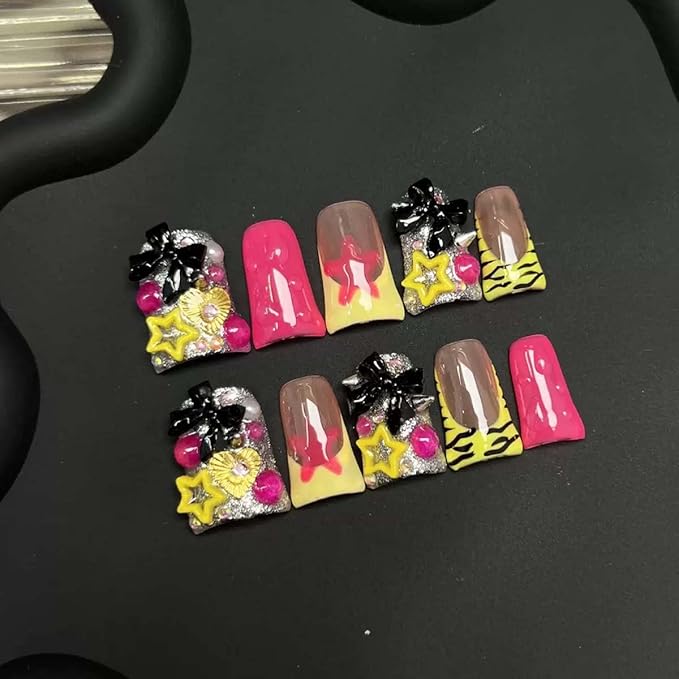 10Pcs Handmade Press On Nails Medium Duck Fake Nails Bow Charms With Star Design French Tip Y2k False Nails Full Cover Artificial Cute Stick On Nail For Women(SIZE: Large)