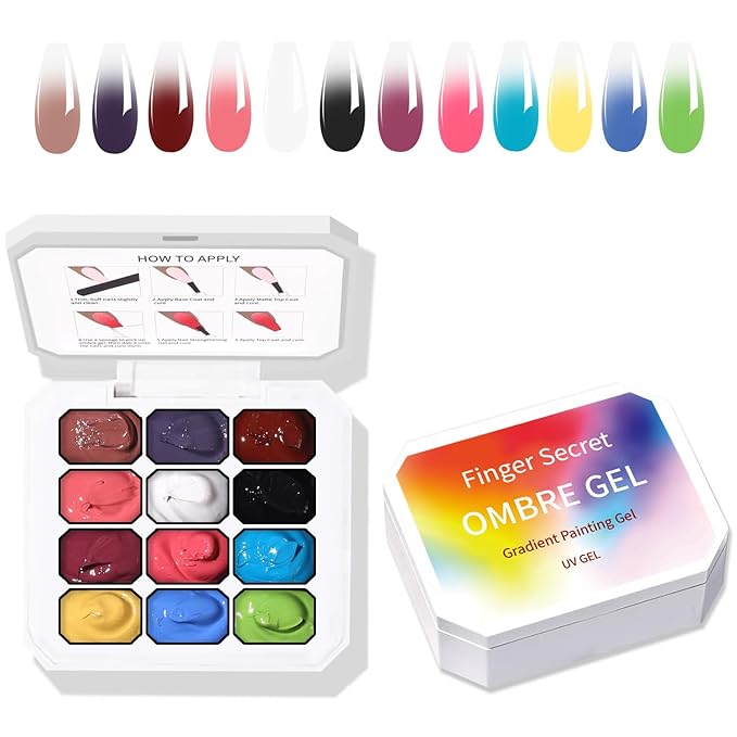 AOBOOGentle Color Gradient Painting Gel 12 Colors Ombre Glue With 100pcs Nail Sponges & Grabbing Pen,High Color Rendering And Quick Drying For Beginners DIY Nail Handle Ombre Gel Nail Polish (c4)