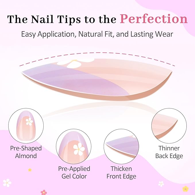 16 Sizes 128 Pieces Press on Nails for Kids, 4 pack Kids Nail Kit Colorful Flower Almond Fake Nail Tips for Girls 8-12 Years Old with Jelly Nail Adhesives & Nail Glue Easter Gifts Birthday