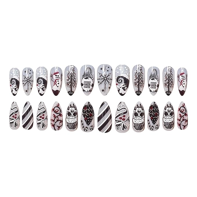 Christmas Press on Nails Medium Almond MABKJLF Fake Nails False Nails with Snowflake Snowman Skull Stripes Designs Glossy Glue on Nail Winter Full Cover Acrylic Nails for Women Girls 24Pcs