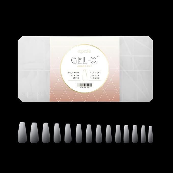 Apres Ombre Gel-X® Box of Nail Tips, 14 Sizes 00-9, Premium Quality (Sculpted Coffin Long, 210 Count)