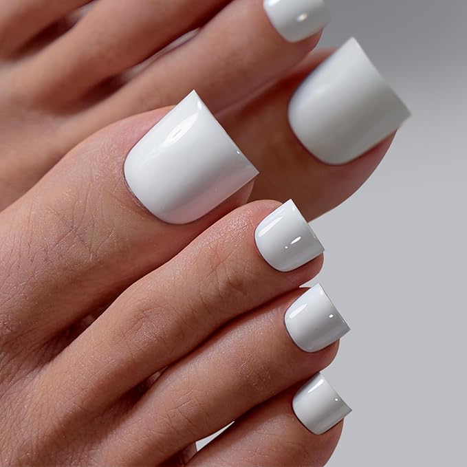 BTArtbox Press On Toenails - Sharp Square Opaque White Toe Nail Press Ons with Glue for Women, Fake Toe Nail Tips in 15 Sizes - 30 Toenails Kit, Ivory White
