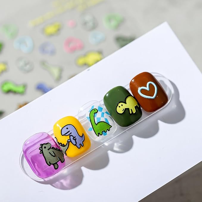 Dedyel Cute Nail Stickers 5D Embossed Cartoon Dinosaur Kawaii Animal Self-Adhesive Nail Decals for Women Girls Kids Nail Art Decoration