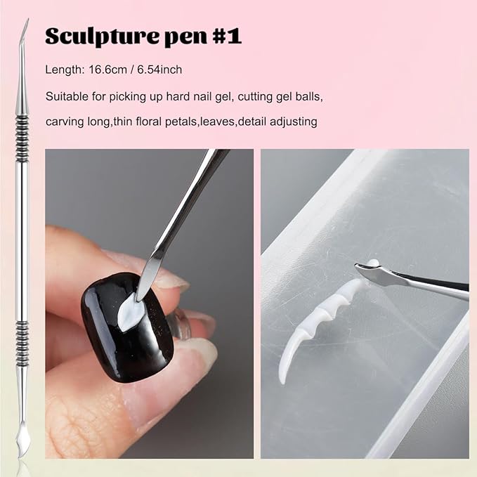 Nail Art Sculpture Pen, 3PCS Double-head Stainless Steel 3D Gel Art Sculpting Pens Dotting Tools Acrylic Powder Flower Design Carving Modeling for Builder Gel Chrome Powder Applicator Manicure