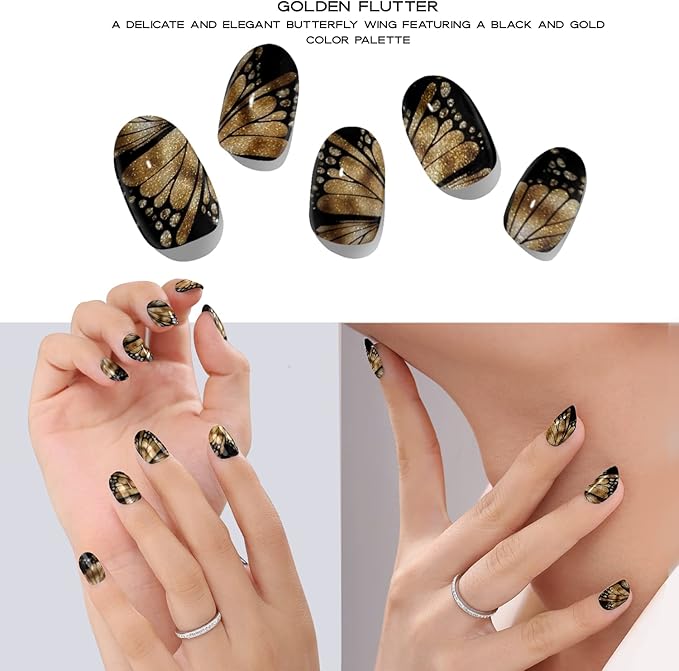 Semi Cured Gel Nail Strips with 30 Pieces - UV Gel Stickers, Manicure Kit, Easy Application Wraps Includes Prep Pads, Nail File, Wooden Stick - UV Light Required (Golden Flutter)