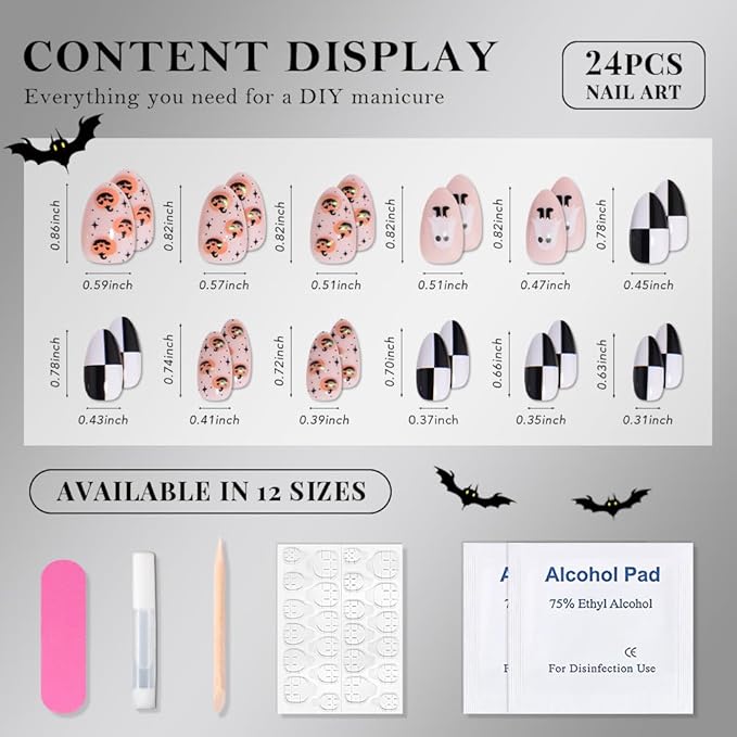 Cute Halloween Press on Nails Short Almond with 3D Ghost Pumpkin Design, Nude Pink Glossy Artificial Acrylic Fake Nails Reusable with Kit, Perfectly Fit Full Cover Stick on False Nail for Women Girl