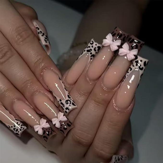 Long Square Press on Nails,Handmade Acrylic Press on Nails with Designs，Long Press on Nail for Women 24pcs