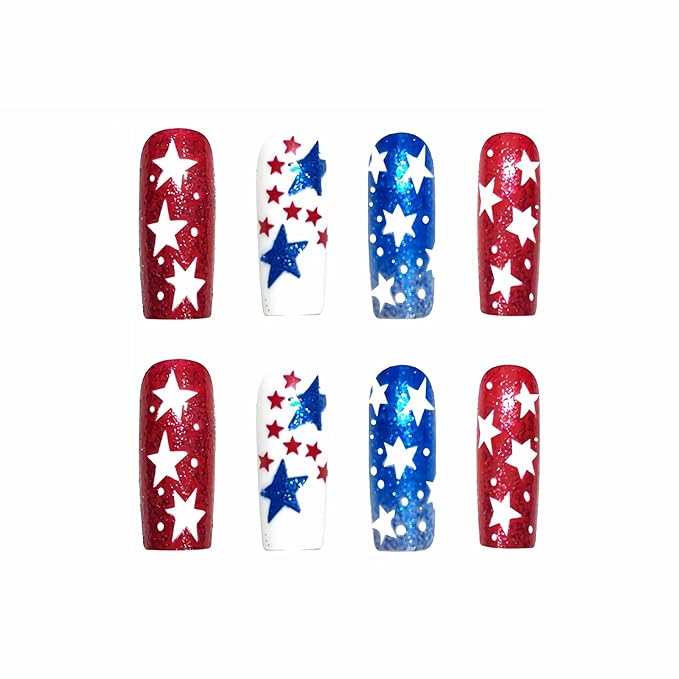 MISUD Press on Nails - Long Square Fake Nails with Red Blue Star, Acrylic 4th of July Design 24 pcs