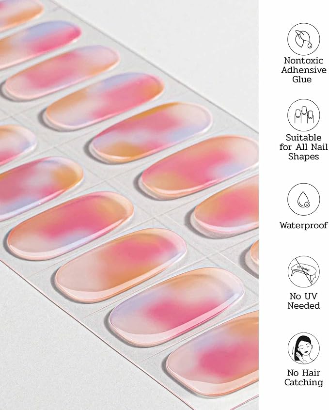 Nail Polish Strips (No UV Lamp Needed) - 22 Pcs Salon Quality Gel Nail Stickers - Long Lasting Wraps (Strawberry Cocktail Pink&Orange)