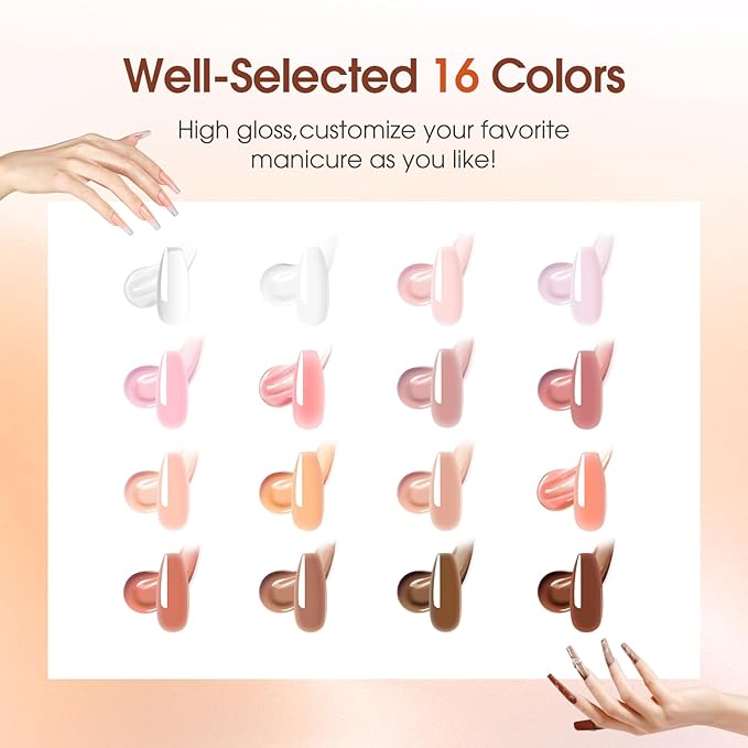 ROSALIND Poly Nail Gel Kit -16 Colors + White Brown Nail Art Accessories kit Clear Nude Poly Nails Gel Kit Starter Kit With Slip Solution Nude Pink Nail Extensions Gel Set with Mini UV Lamp