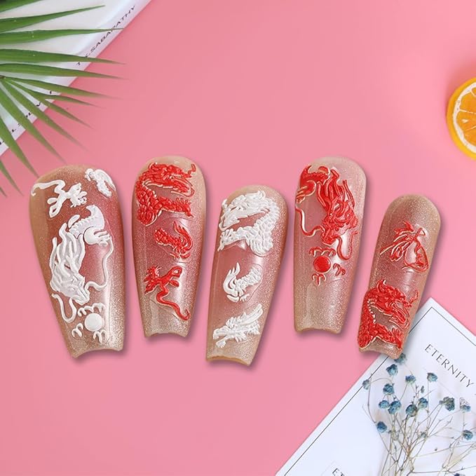 5D Embossed Dragon Nail Art Stickers for Designs - Black White Chinese Dragons Decals for Women - Manicure Supplies for Nails Decor