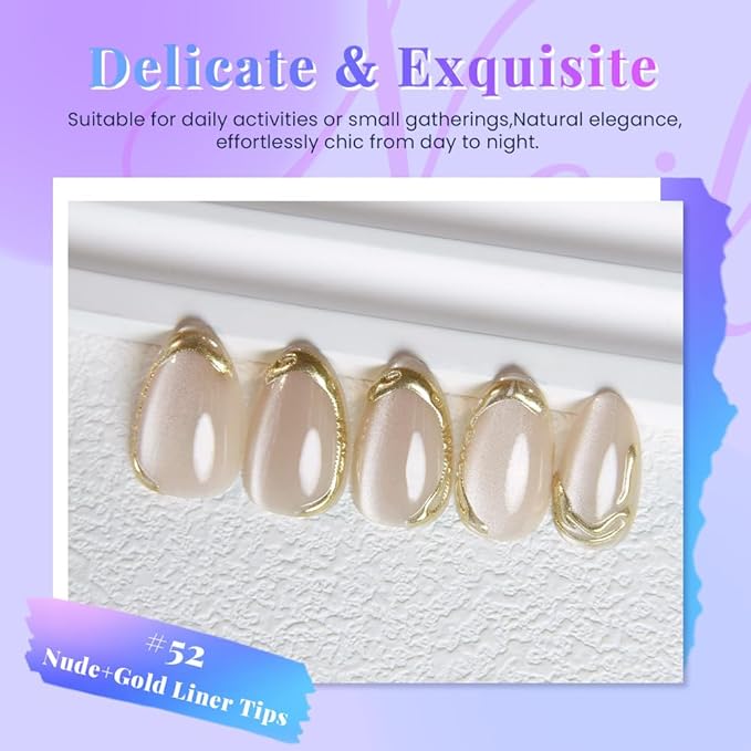 Nude Cat Eye Press on Nails Short Almond, Acrylic Fake Nails with 3D Gold Line Design, Reusable Glue-On Stick for Cute Nude Nails for Women
