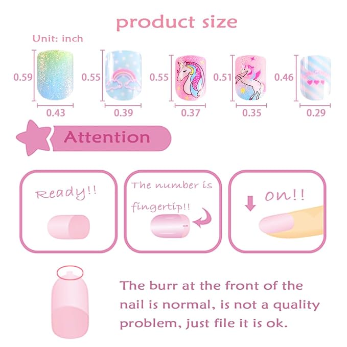 Laza Children Nails Press On Pre-glue Full Cover Colorful Stars Rainbow Clouds Cute Short False Nail Kits for Kids Teenager Girls-Rainbow Unicorn