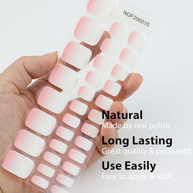 32 Pcs Semi Cured Gel Toe Nail Strips Pink White Ombre Gel Nail Stickers Full Cover Nails Wraps Self Adhesive Toe Nails Polish Strips Stickers for Women UV/LED Light Required
