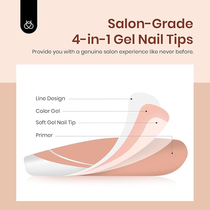 Beetles French Tip Press on Nails Long Square, 15 Sizes Soft Gel Nail Tips Jelly Brown 7 Styles Pre-Designed 4 in 1 Fake Nails Natural Look False Nail Tips for Nail Extensions Nail Art Gifts for Girls