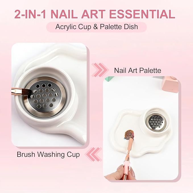 Nail Art Palette with Built-in Brush Washing Cup - 2-in-1 Acrylic Dappen Dish & Monomer Cup for Professional Nail Art & Gel Polish