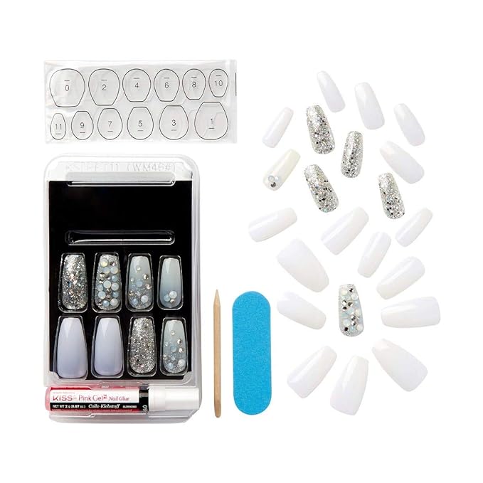 KISS Masterpiece One-Of-A-Kind Luxe Mani, Long Length, Premium Acrylic Fake Nails, Style “No.1”, with Pink Gel Nail Glue, Manicure Stick, Mini File, & 30 False Nails Including 12 Accent Nails