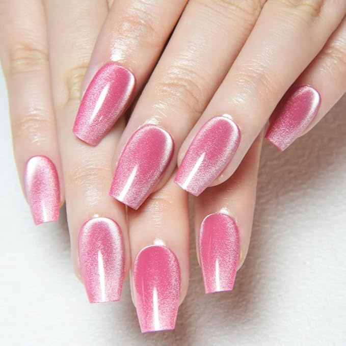 evpct Rose Pink Cat Eye Coffin Press on Nails Square Medium, Medium Square Stick on Nail for Women, Rose Pink Metallic Glitter Glossy Reusable Summer Soft Gel Press on Acrylic Fake Nail with Designs