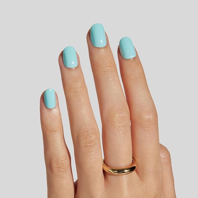 LAMIMOSA 32Pcs Mint Blue Press On Nails Extra Short Round, Baby Blue Fake Nails with Glue, Soft Gel Nails in 16 Sizes, Reusable Glue On Nails Kit, MINTY AQUA