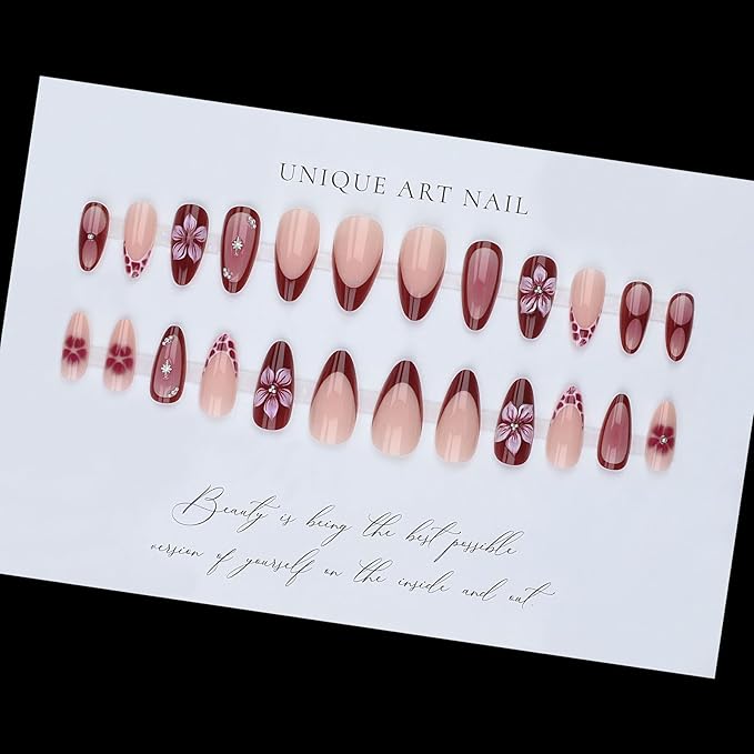 Press on Nails Medium Almond, Flower Fake Nails with Silvery Star Designs, Acrylic Nail French Tip Nails Press Ons, Glossy Purple Glue on Nail, Reusable Full Cover Stick on Nail for Women Manicure