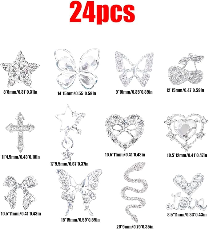 3D Nail Charms,24Pcs Love Heart Star Cross Cherry Butterfly Bow Nail Rhinestone Charms,Metal Alloy Nail Art Decorations for Manicure Design Accessories DIY Crafts (A Silver)
