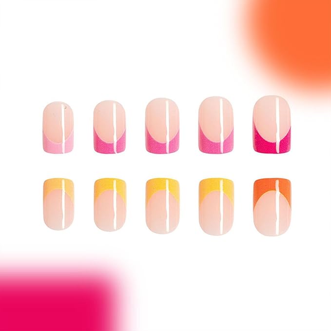 Colorful French Tip Press on Nails Short Square Fake Nails Press ons Cute Rainbow Glossy Full Cover Glue on Nails Nude False Nails Acrylic Stick on Nails for Women Girls 24 Pcs