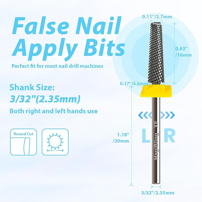 16mm Long Tapered Barrel Nail Drill Bit, 3/32” Safety Tungsten Carbide E-File Bit for False Nail Application, Press-On Tip Apply Nail Extension, Gel & Acrylic Removal, Two-Way Rotation, Extra Fine.