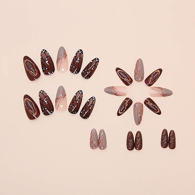 RTKHFZE Medium Buttterfly Press on Nails Almond Fake Nails with Design Brown Butterfly Press on False Nails Full Cover Fall Nails for Women 24Pcs