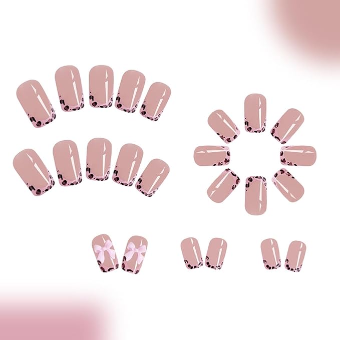 Pink French Tip Press on Nails Short Square Leopard Fake Nails with Bow Charms Design Cheetah Glossy Glue on Nails Spring Nails Press ons Reusable Summer False Nails for Women 24 Pcs