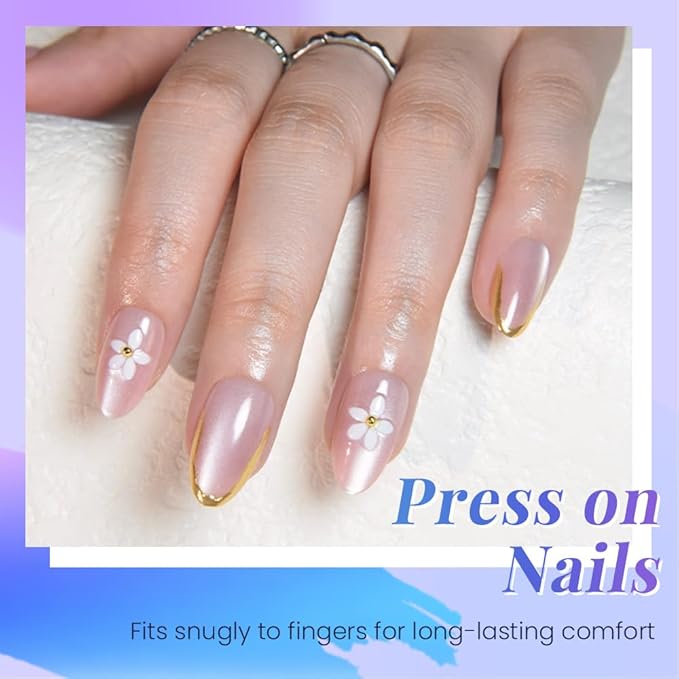 Spring Summer Nude Cat Eye Press On Nails, Short Almond Shape, 3D White Flower & Gold Line French Design, Salon Quality Reusable Acrylic Fake Nails for Women, Ideal for Parties & Daily Wear