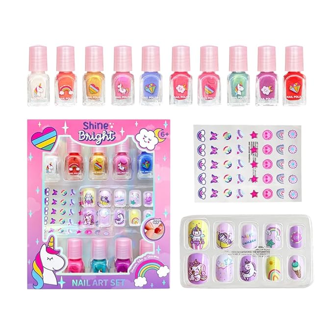 MU Unicorn Fantasy Kids Nail Polish Kit - 10 Water Based Polish Colors and Press On Nails, Quick Dry Peel Off Formula, Magical Unicorn Nail Polish Set for Girls, Birthday Party Gift Set