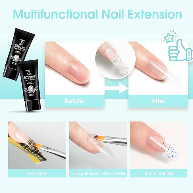 ROSALIND Clear Extension Gel, 2 PCS 1oz/30ml Clear Poly Nail Gel kit Builder Transparent, Nail Thickening Poly Tube Need UV Lamp