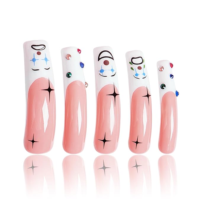 LOVFUL Press on Nails Clown | Handmade with Full Covered Crystals | Reusable Full Cover Nails | Curve Long 2.2 in | H139-S