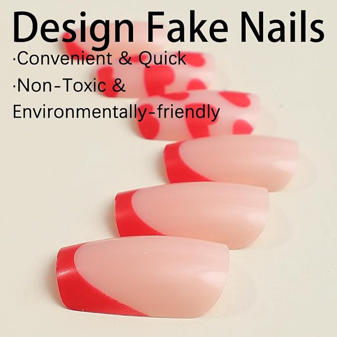 Red French Tip Press on Nails - Medium Square Fake Nails - Red Heart False Nails Press ons - for Women 24 Pcs