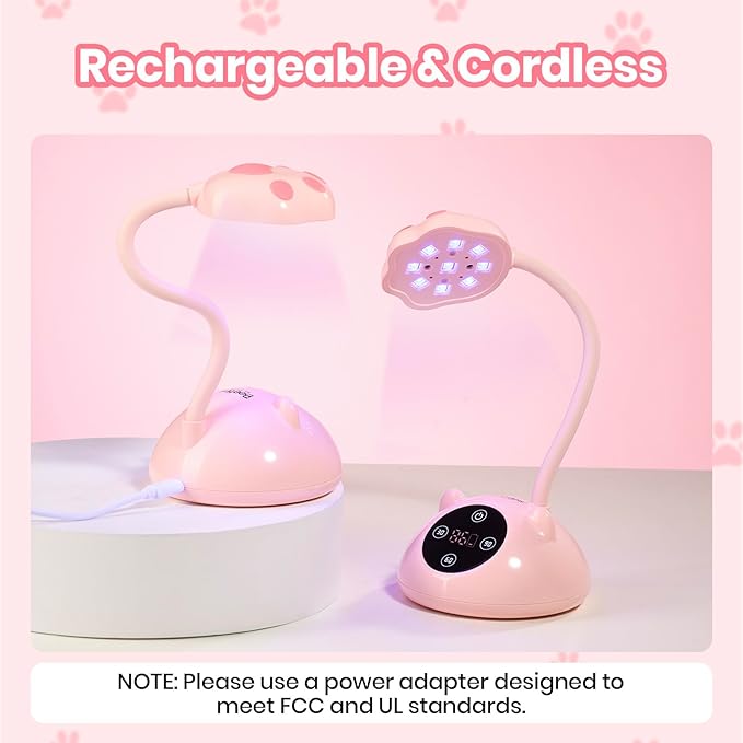 Beetles Gooseneck UV Nail Lamp - Meowgic StrawPurr Mini LED Nail Light with 3 Timer and Countdown Display Flash Cure Lamp for Gel Polish Nails Glue Builder Gel Smart Sensor Cordless Nails Dryer