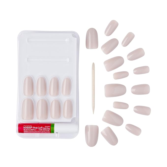 GoldFinger False Nails Kit, Ready to Wear Narual Beige Fake Nails, Manicure Stick and Glue Included, Medium Round Shape, Long-Lasting Hottest Trend Glue on Nails, Convenient & Easy to Apply