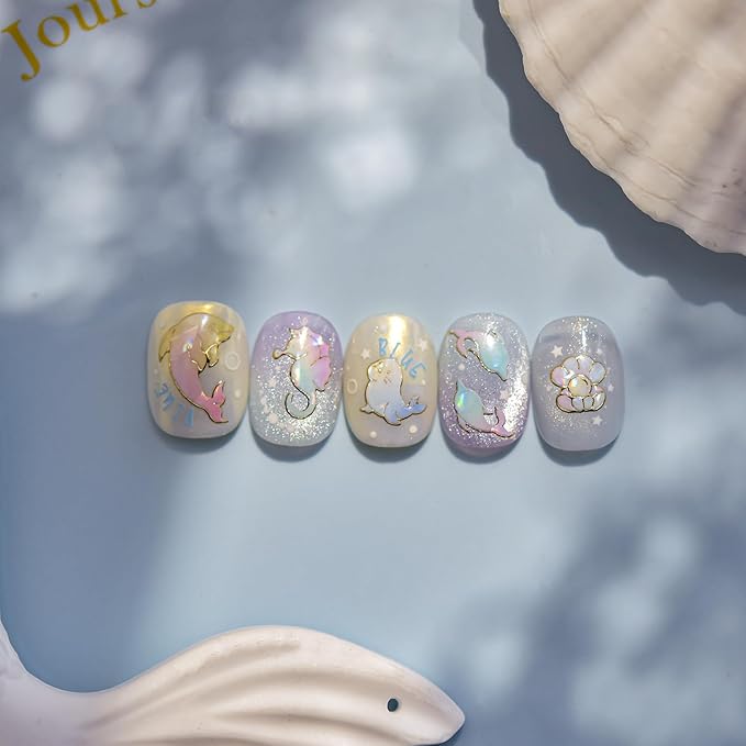 Ocean Nail Stickers Laser Marine Animal Dolphin Nail Designs 5D Embossed Sea Horse Shell Nail Decals 3D Self-Adhesive Aurora Summer Nail Art Decoration for Women DIY Manicure 1 Sheet