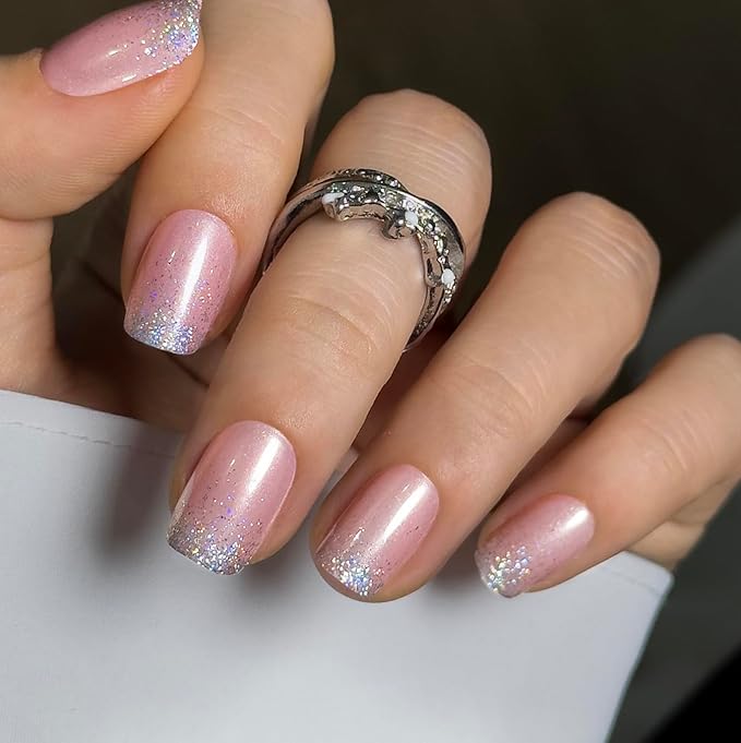 Curvlife Soft Gel Square Press on Nails Short, Shining French Nail Tips, 30pcs Full Cover Design Reusable Fake Nails Kit with Glue and Adhesive Tabs