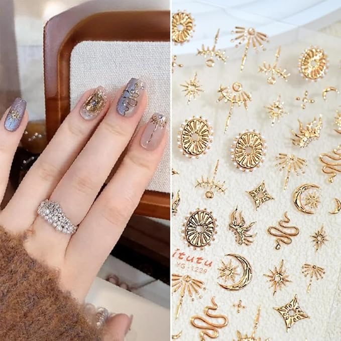 Gold Nail Stickers 5D Embossed Star Moon Nail Supplies 3D Self-Adhesive Totem Nail Decals Sun Flame Nails Designs Snake Nails Decoration Accessories for Women Girls DIY Manicure 1 Sheet