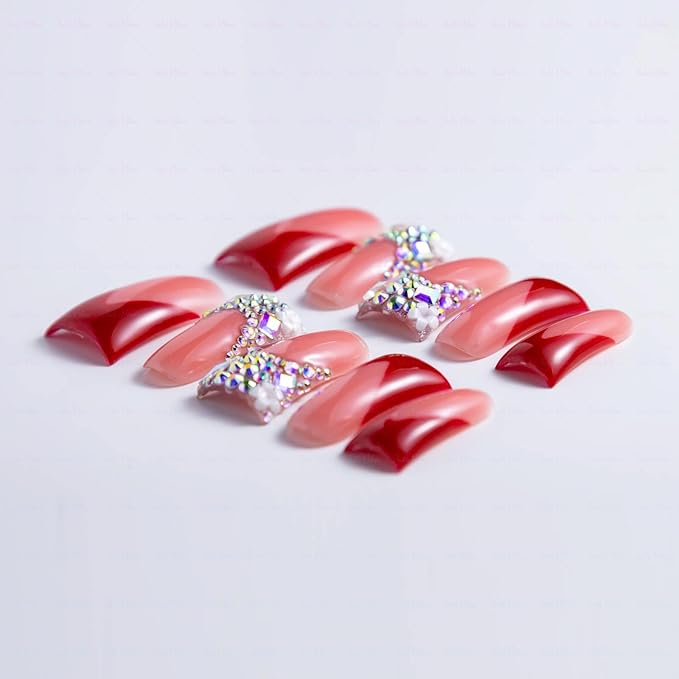 10 Pieces Luxury Acrylic Press On Nails Long Handmade Duck Nails, Red Thickened False French Nails, With Bling Rhinestones & Y2K Princess Vibes, Reusable Fake Nails Acrylic Nails (M)