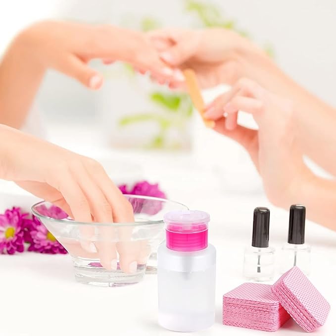 600 PCS Lint Free Nail Wipes,Non-Woven Fabric Nail Cleaning Pads Lash Extensions Glue Cleaning Wipes,accompanied by 1 Empty Pump-Style Bottle Dispenser Nail Care Set (Pink)