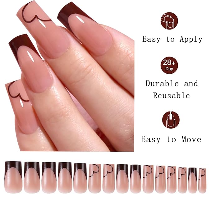 Brown French Tip Press on Nails Medium Square Fake Nails with Heart Design Full Cover Matte Stick on False Nail Tips for Women 120pcs 15 Sizes