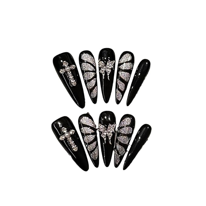 Black and Silver Press On Nails, Butterfly Design Cat Eye False Nails Set, Long Stiletto Shape, Handmade Gothic Glamorous Manicure, 10 Pieces (Small, LS)