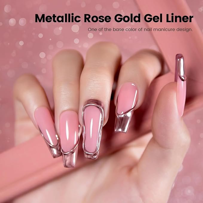 RARJSM Metallic Gel Liner Nail Art Rose Gold 3D Mirror Chrome Effect Gel Nail Polish 8ml Painting Build in Thin Brush Metal Painted Drawing Striper Gelpolish Soak off Curing Requires for Home Salon