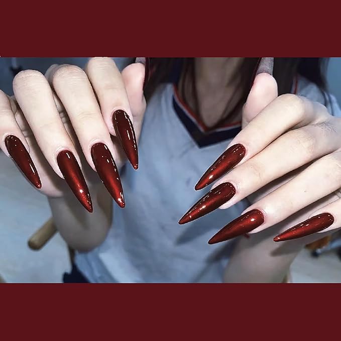 Stiletto Press on Nails Long Halloween Fake Nails Bloody False Nail Dark Red Acrylic Nails Cosplay Manicure Full Cover Stick on Nail Jelly Press on Nails for Women Girls 24Pcs